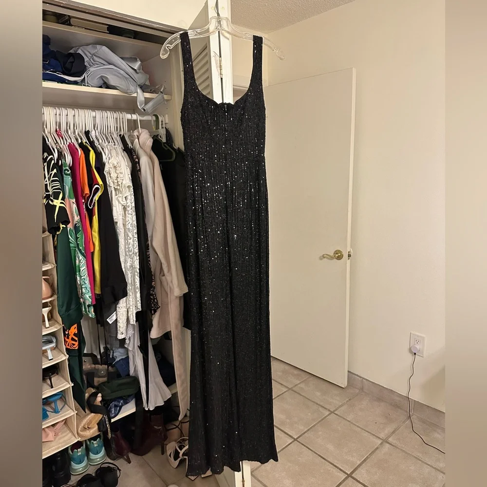 HIGH LIFE 
BLACK SEQUIN SQUARE NECK SPLIT FRONT MAXI DRESS from Club Llondon - Picture 4 of 5